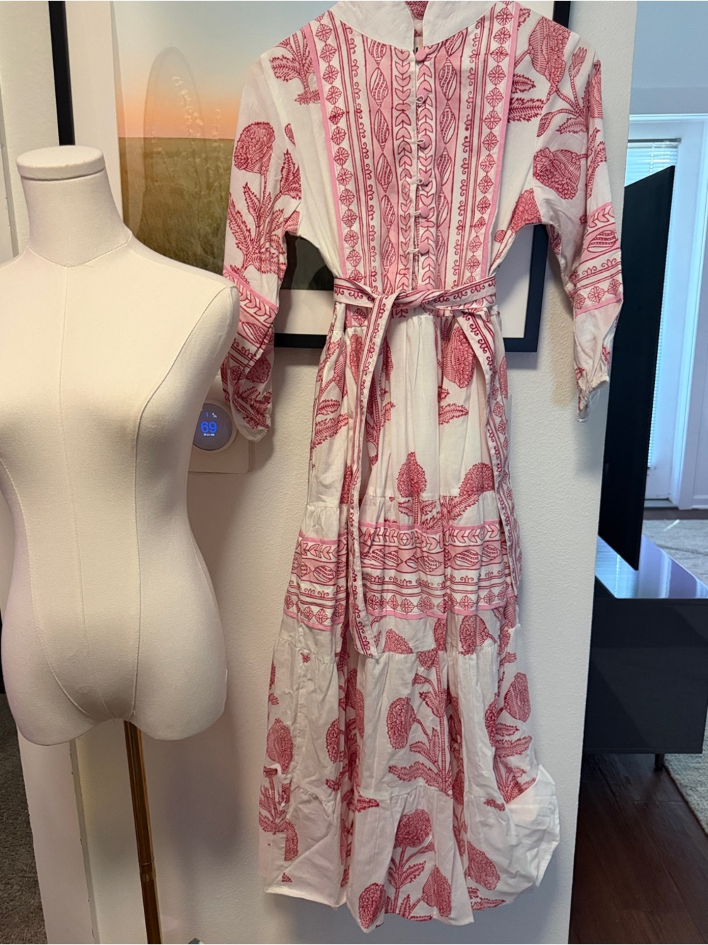 NWT Sur La Vague Pink Floral Block Print Belted Maxi Dress